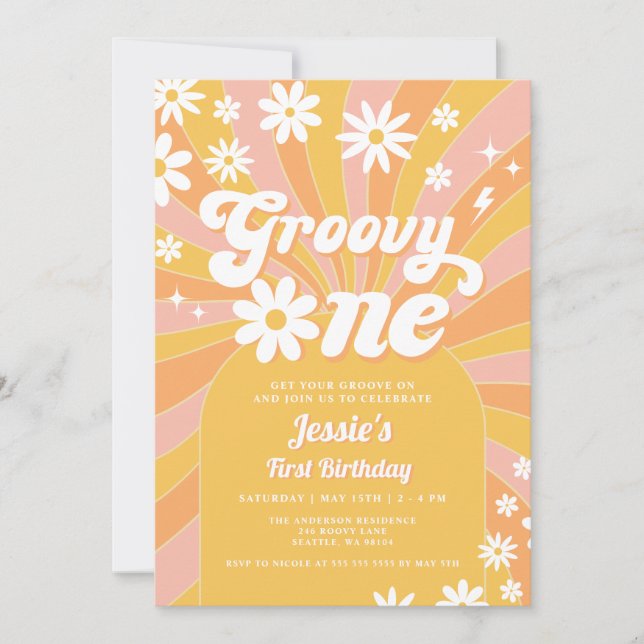 Groovy One Pink Daisy Sunshine 70's 1st Birthday Invitation (Front)