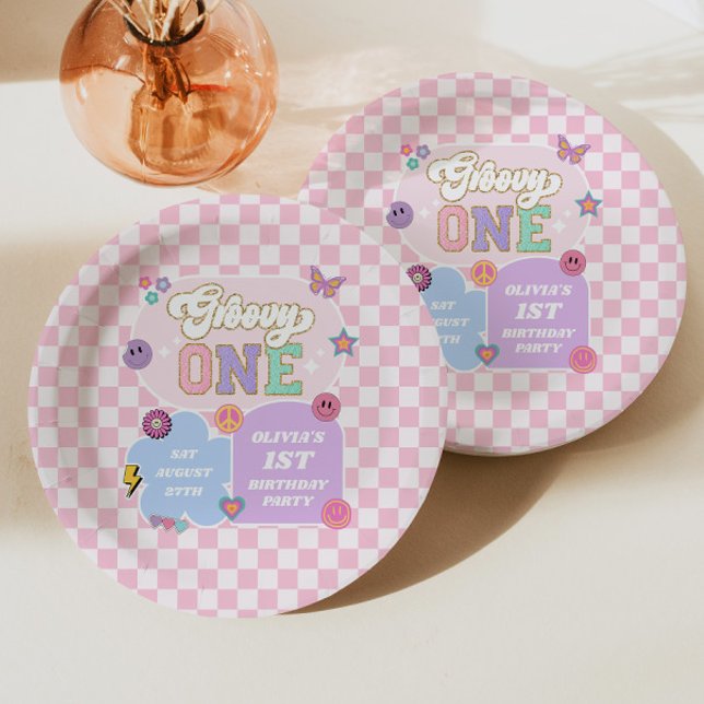 Groovy One Preppy Patch 1st Birthday Party Paper Plate (Creator Uploaded)