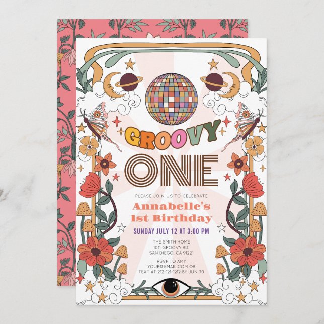 Groovy One Psychedelic Retro Girl 1st Birthday Invitation (Front/Back)