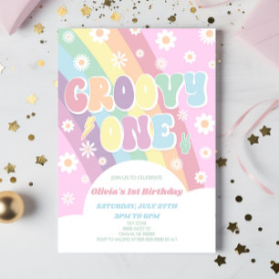 Groovy One Rainbow Daisy Retro 1st Birthday Party Invitation