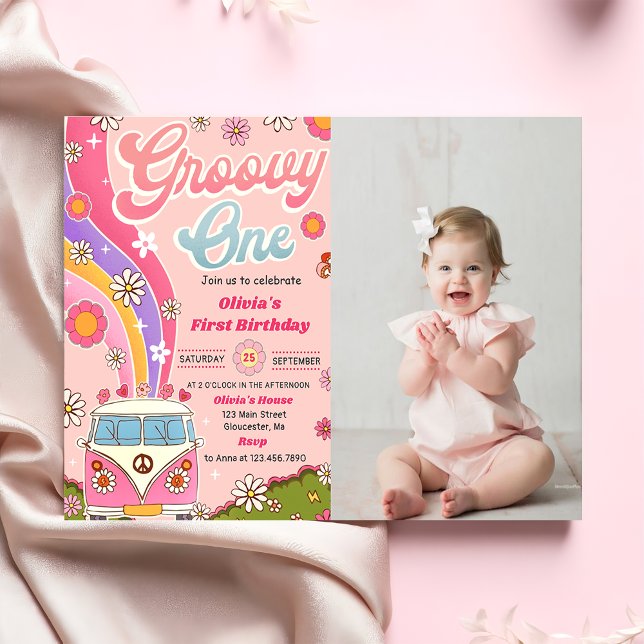 Groovy One Rainbow Floral 1st Birthday Party Photo Invitation (Creator Uploaded)