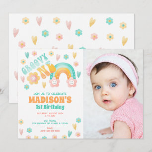 Groovy One Rainbow Flower 70s Retro 1st Birthday Invitation
