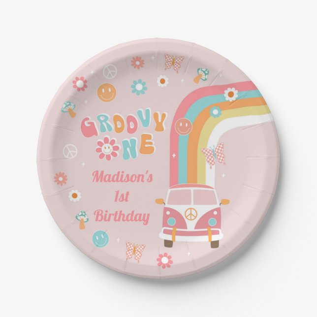 Groovy One Retro Boho Birthday Party Paper Plates (Front)