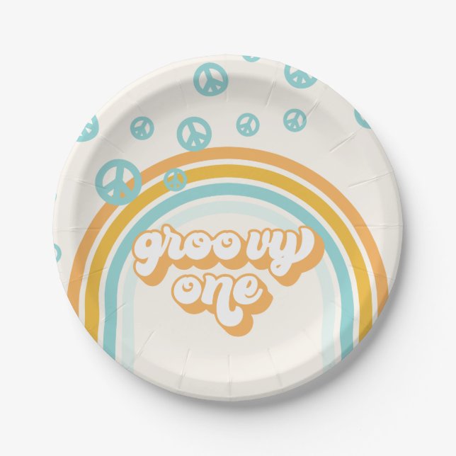 Groovy One Retro Boy 1st Birthday Paper Plates (Front)