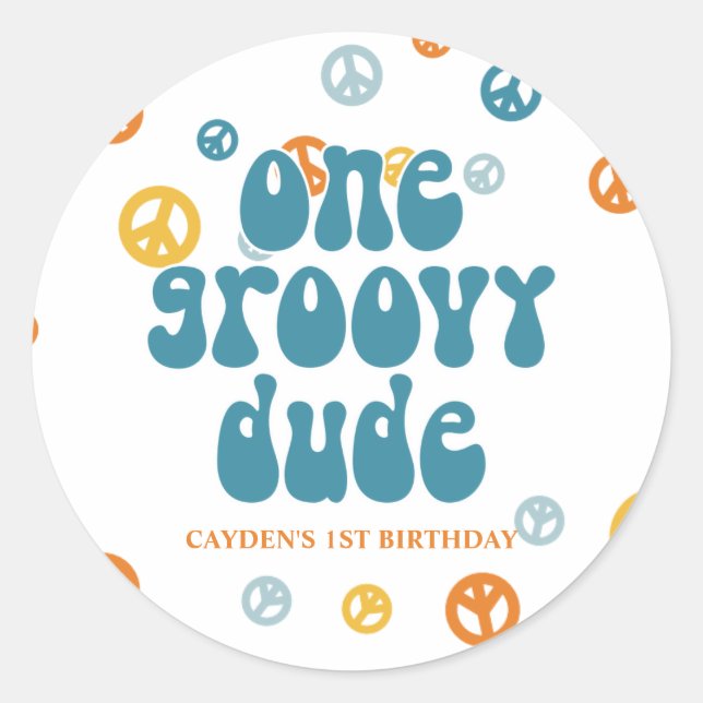 Groovy One Retro Boy birthday Paper Plates Classic Classic Round Sticker (Front)