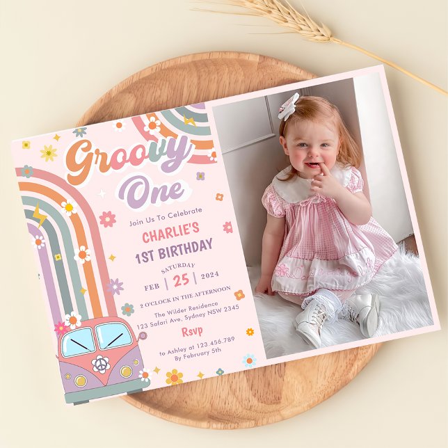 Groovy One Retro Daisy 1st Birthday Party Photo  Invitation (Creator Uploaded)