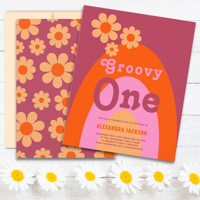 Groovy One Retro Daisy Arch 1st Birthday Party (Groovy one retro daisy arch orange pink yellow 1st birthday party budget invitation )