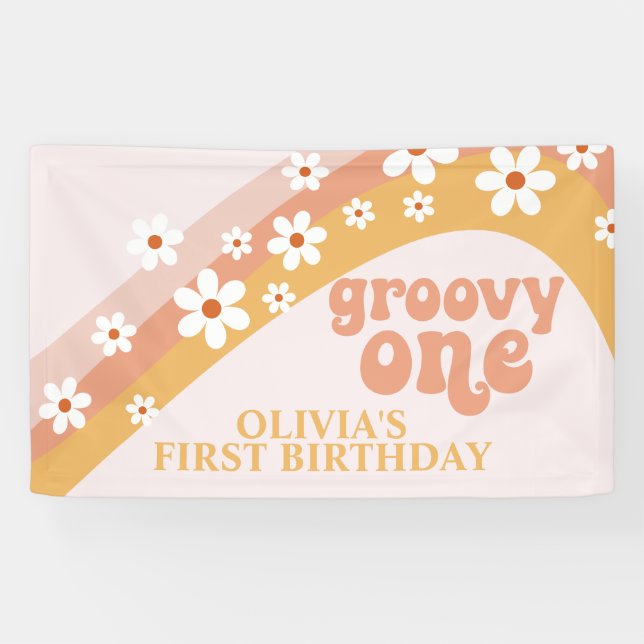 Groovy One Retro Daisy Birthday Banner (Horizontal)
