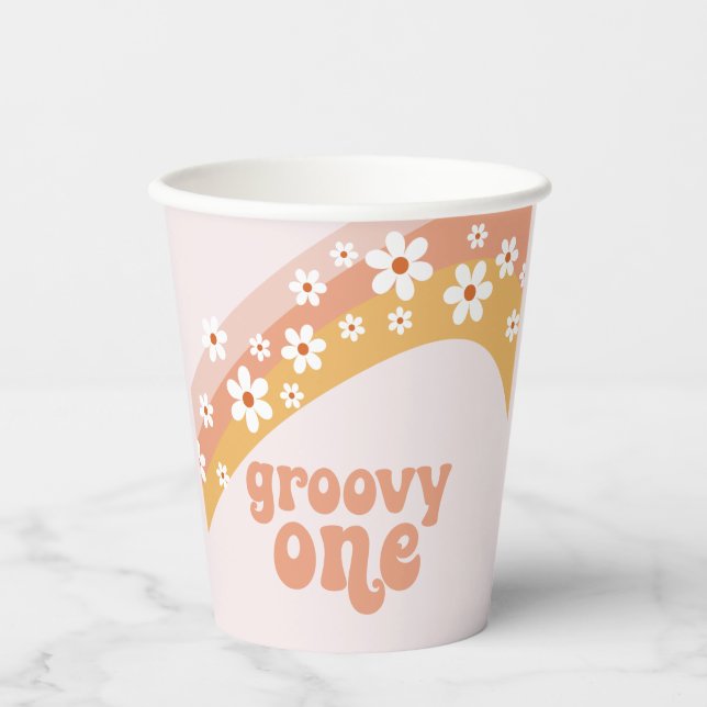 Groovy One Retro Daisy Boho Rainbow Paper Cups (Front)