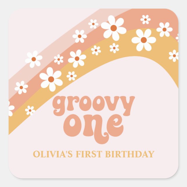 groovy one Retro Daisy Boho Rainbow Square Sticker (Front)