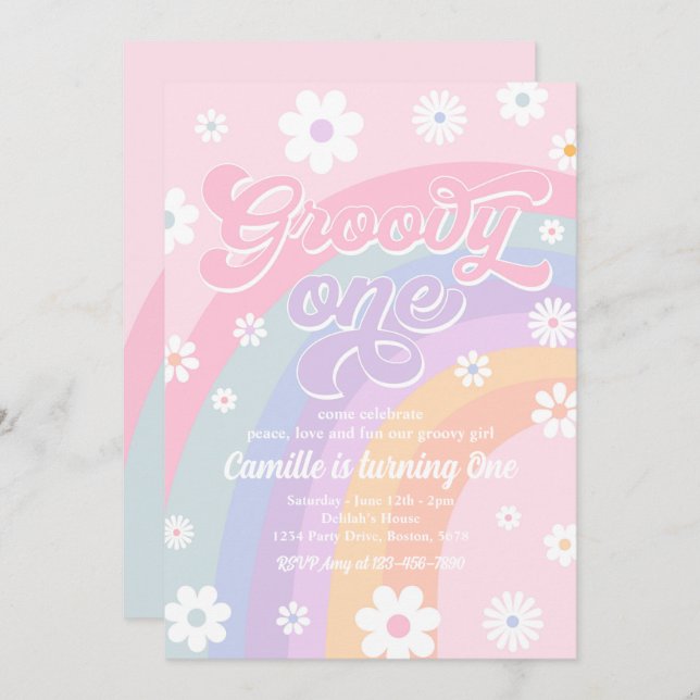 Groovy One Retro Daisy Pastel Rainbow Birthday Invitation (Front/Back)