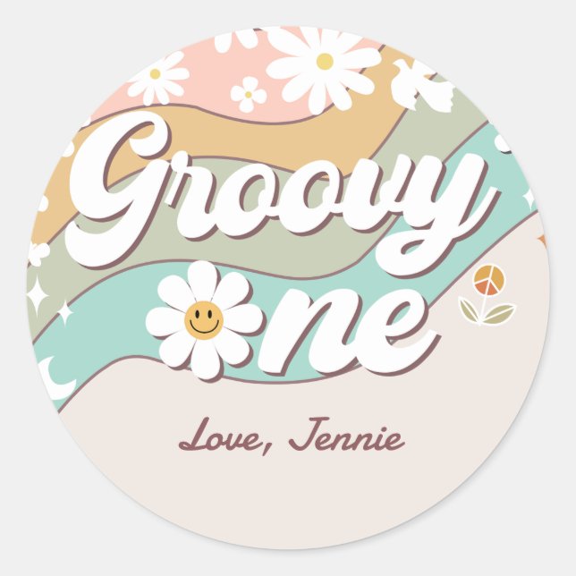 Groovy One Retro Daisy Rainbow First Birthday Classic Round Sticker (Front)