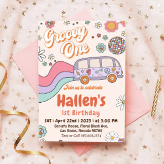 Groovy One Retro Daisy Rainbow First Birthday Invitation