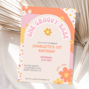Groovy One Retro Daisy Rainbow Girl First Birthday Invitation