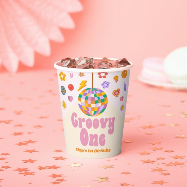 Groovy One Retro Disco Ball 1st Birthday Party Paper Cups (Insitu)