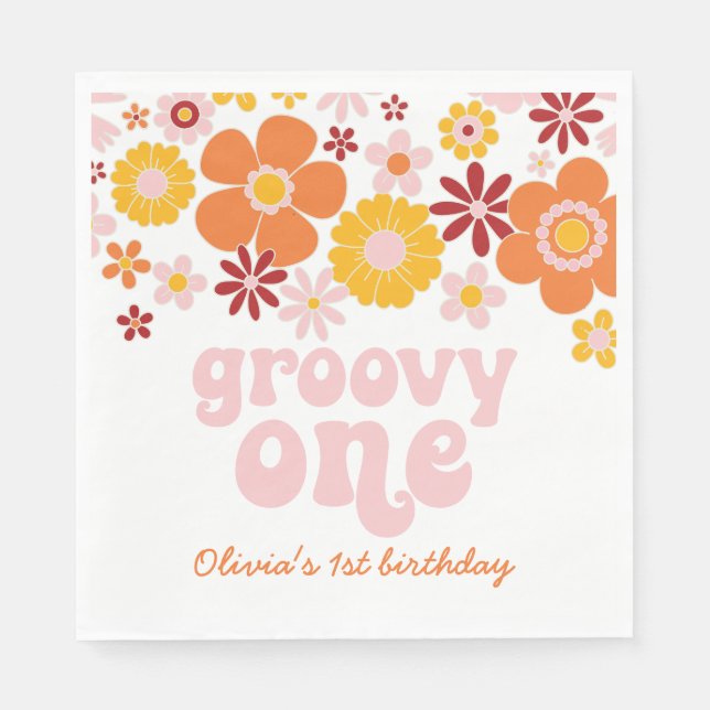 Groovy One Retro Floral 1st birthday Napkins (Front)