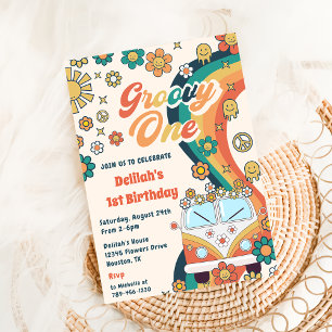 Groovy One Retro Floral 1st Birthday Party  Invitation
