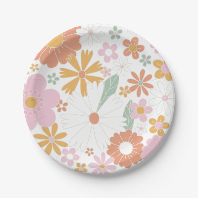 Groovy One Retro Floral birthday Paper Plates (Front)