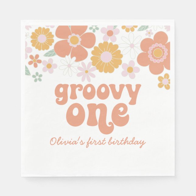 Groovy One Retro Floral first birthday Napkins (Front)