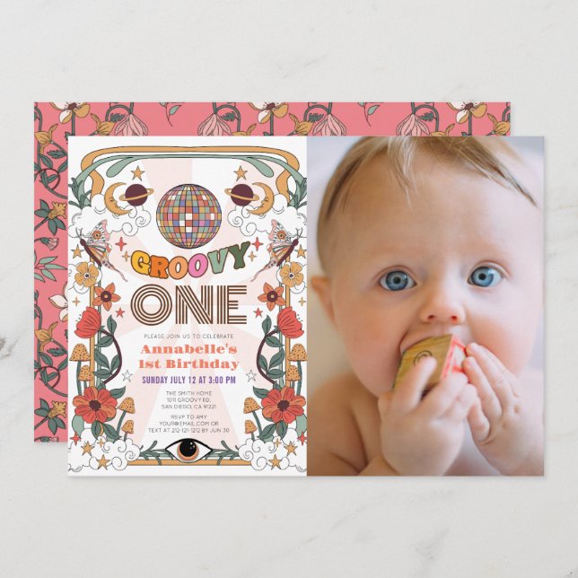 Groovy One Retro Girl Photo 1st Birthday Invitation (Front/Back)