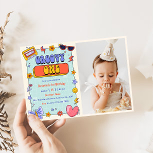 Groovy One Retro Hippie 1st Birthday Party Photo  Invitation