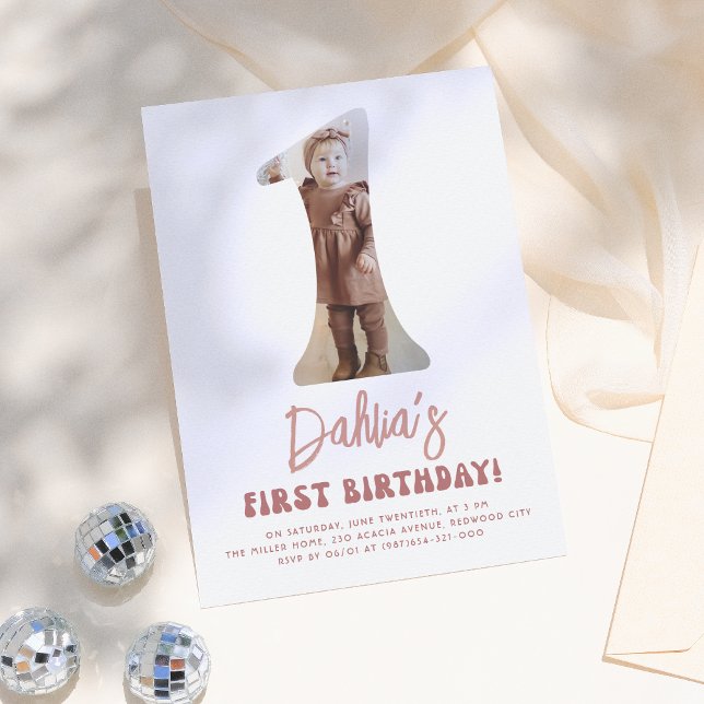 Groovy One Retro Pink Floral Photo 1st Birthday Invitation (Creator Uploaded)