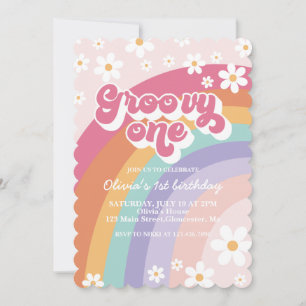 Groovy One Retro Rainbow 1st Birthday Invitation
