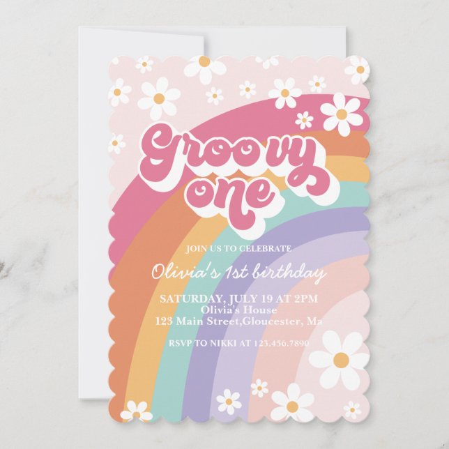 Groovy One Retro Rainbow 1st Birthday Invitation (Front)