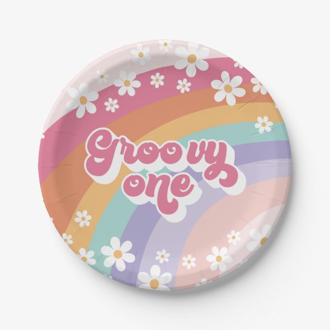 Groovy One Retro Rainbow 1st Birthday Paper Plate (Front)