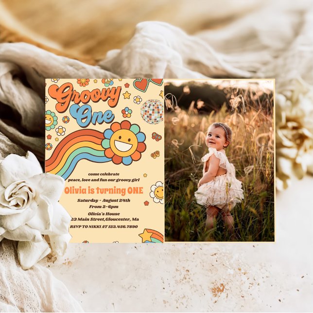 Groovy One Retro Rainbow 1st Birthday Party Photo Invitation (Creator Uploaded)