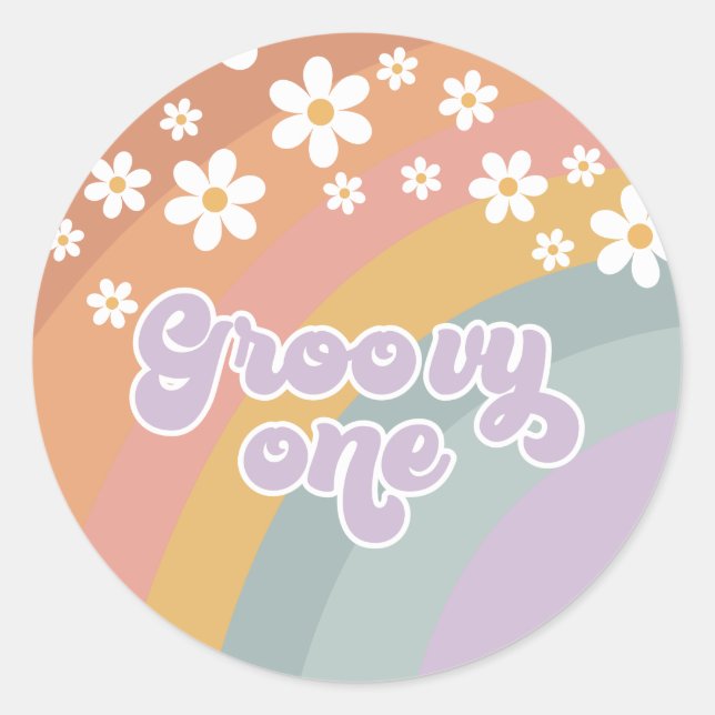 Groovy One Retro Rainbow Classic Round Sticker (Front)
