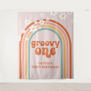 Groovy One Retro Rainbow Daisy Birthday Banner Tapestry