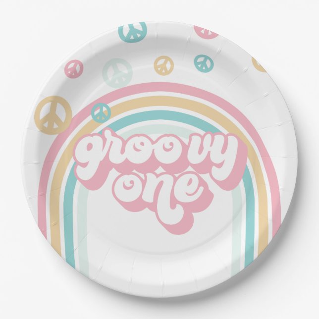 Groovy One Retro Summer Rainbow Paper Plate (Front)
