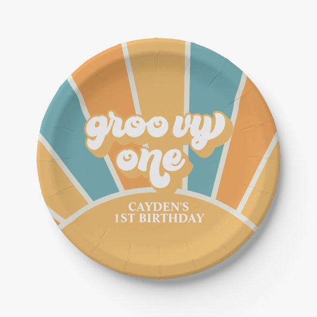 Groovy One Retro Sunshine Boy First Birthday Paper Plate (Front)