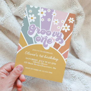 Groovy One Retro Sunshine Rainbow Daisy Invitation
