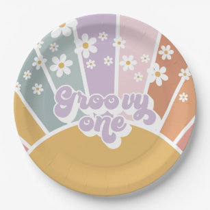 Groovy One Retro Sunshine Rainbow Daisy Paper Plate
