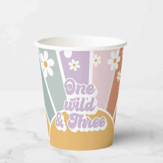 Groovy One Wild Three Retro Sunshine Rainbow Paper Cups (Front)