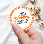 Groovy Orange Chequered Modern Retro Wedding Classic Round Sticker<br><div class="desc">Groovy Orange Chequered Modern Retro Wedding Classic Round Sticker</div>
