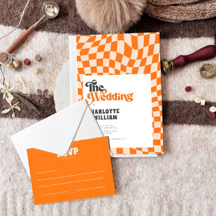 Groovy Orange Chequered Modern Retro Wedding Invitation