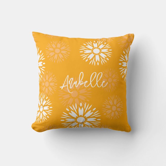Groovy Orange Daisy Flower Retro Floral Name  Cushion (Front)
