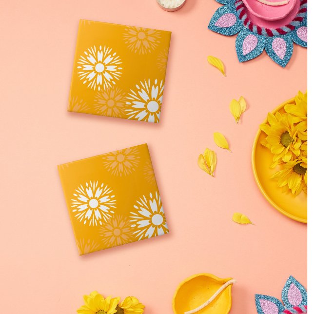 Groovy Orange Daisy Flower Retro Floral Pattern Tile (Creator Uploaded)
