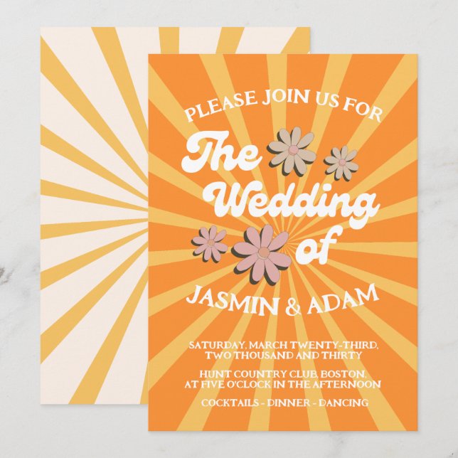 Groovy Orange Daisy Sunburst Retro Wedding Invitation (Front/Back)