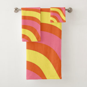 Groovy Orange Yellow Pink Wavy Stripe Bold Modern  Bath Towel Set