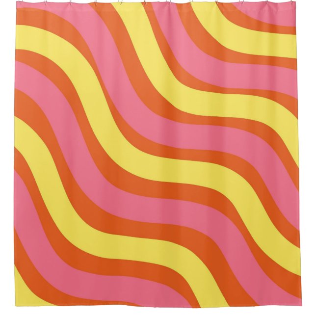 Groovy Orange Yellow Pink Wavy Stripe Bold  Shower Curtain (Front)