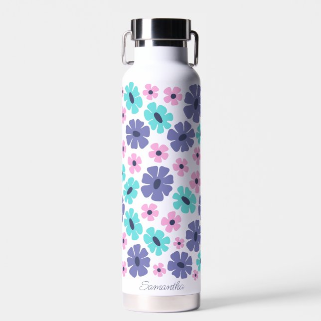 Groovy Pastel Pattern Retro Floral Water Bottle (Front)