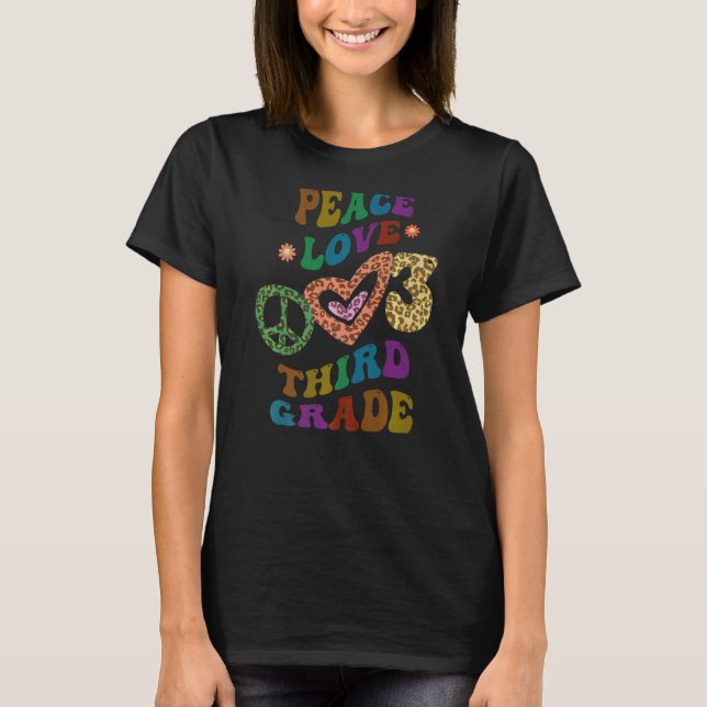 Groovy PEACE LOVE THIRD GRADE Leopard Print 3rd Gr T-Shirt (Front)