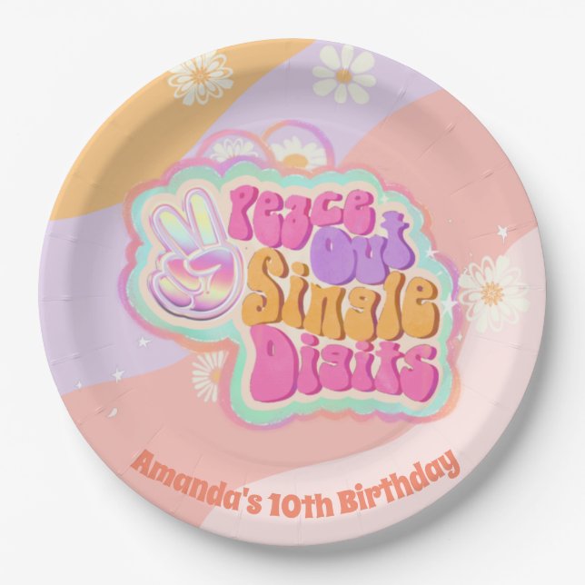 Groovy Peace Out Single Digits 10th  Paper Plate (Front)