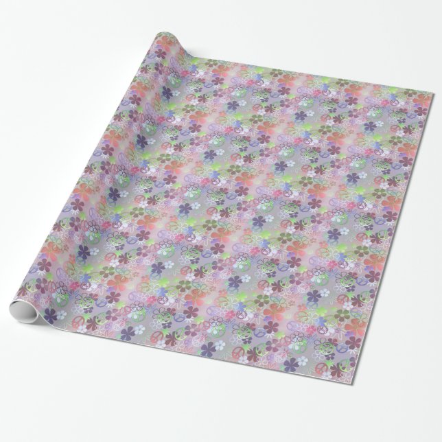 Groovy Peace Signs and Fowers Wrapping Paper (Unrolled)