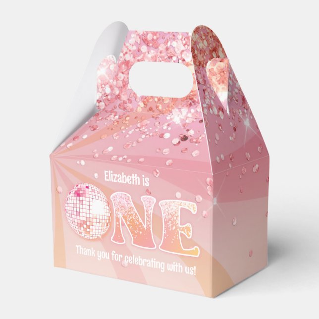 Groovy Peach Pink Disco Dancing Queen 1st Birthday Favour Box (Front Side)