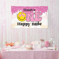 Groovy Peach Pink One Happy Babe Birthday Banner